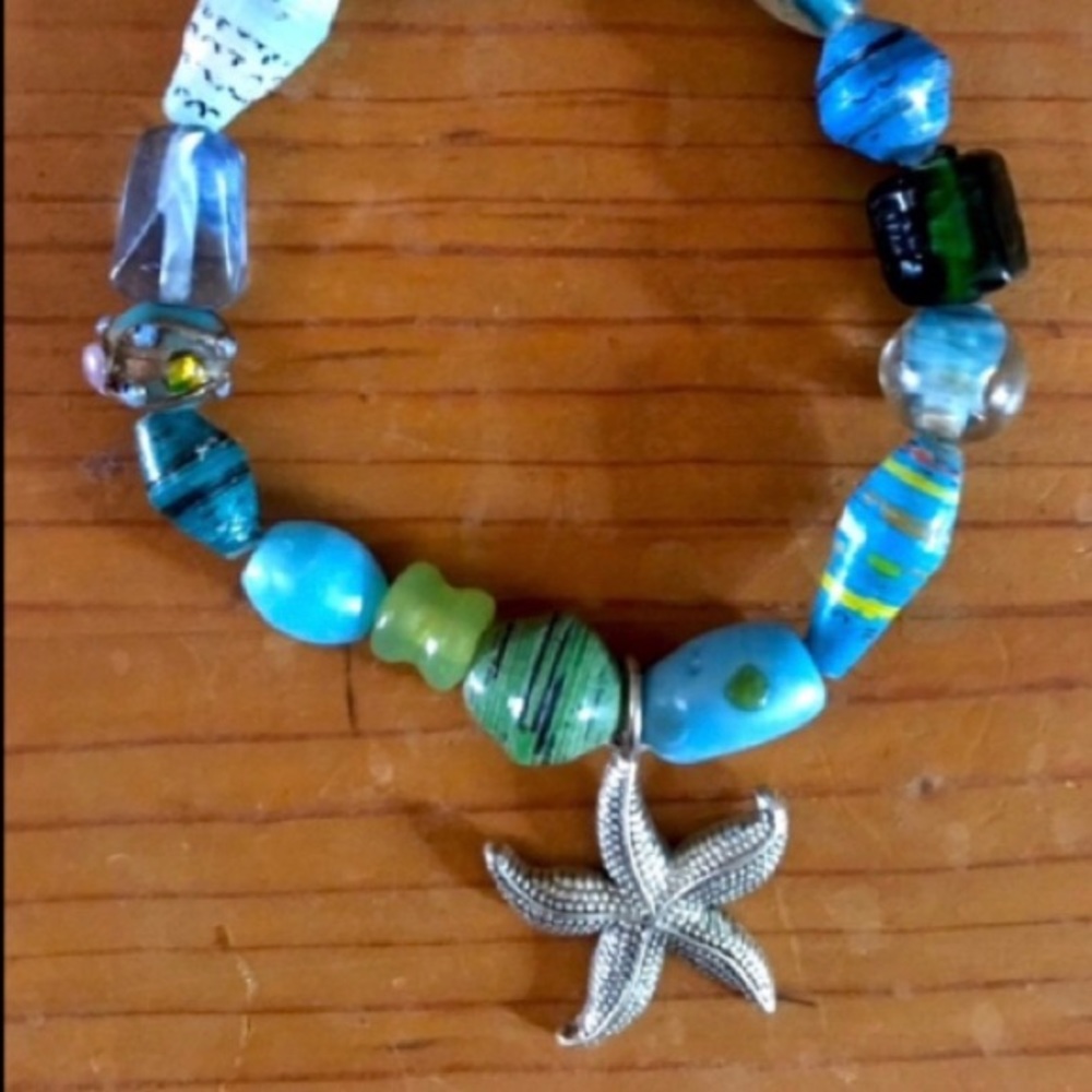 STARFISH BRACELET Stretch Silver Blue Green Beads